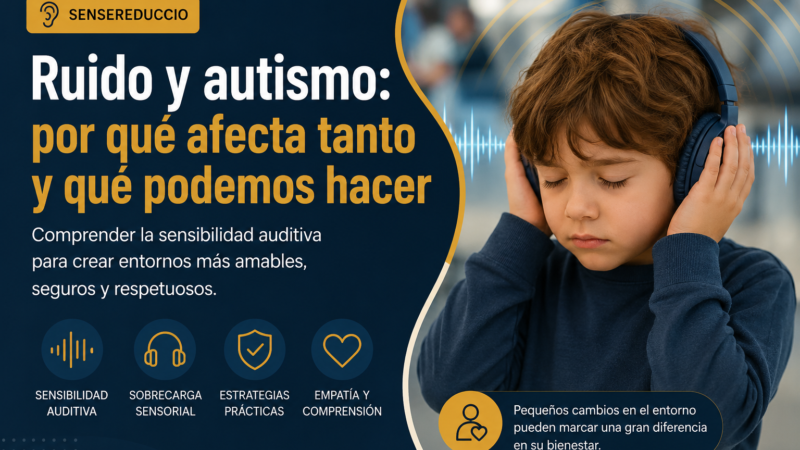 Niño autista con auriculares para reducir el ruido, representando la hipersensibilidad auditiva y la sobrecarga sensorial