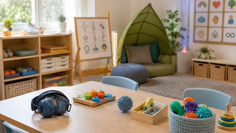Espacio de educación especial con materiales sensoriales y apoyos visuales durante las prácticas de una persona autista